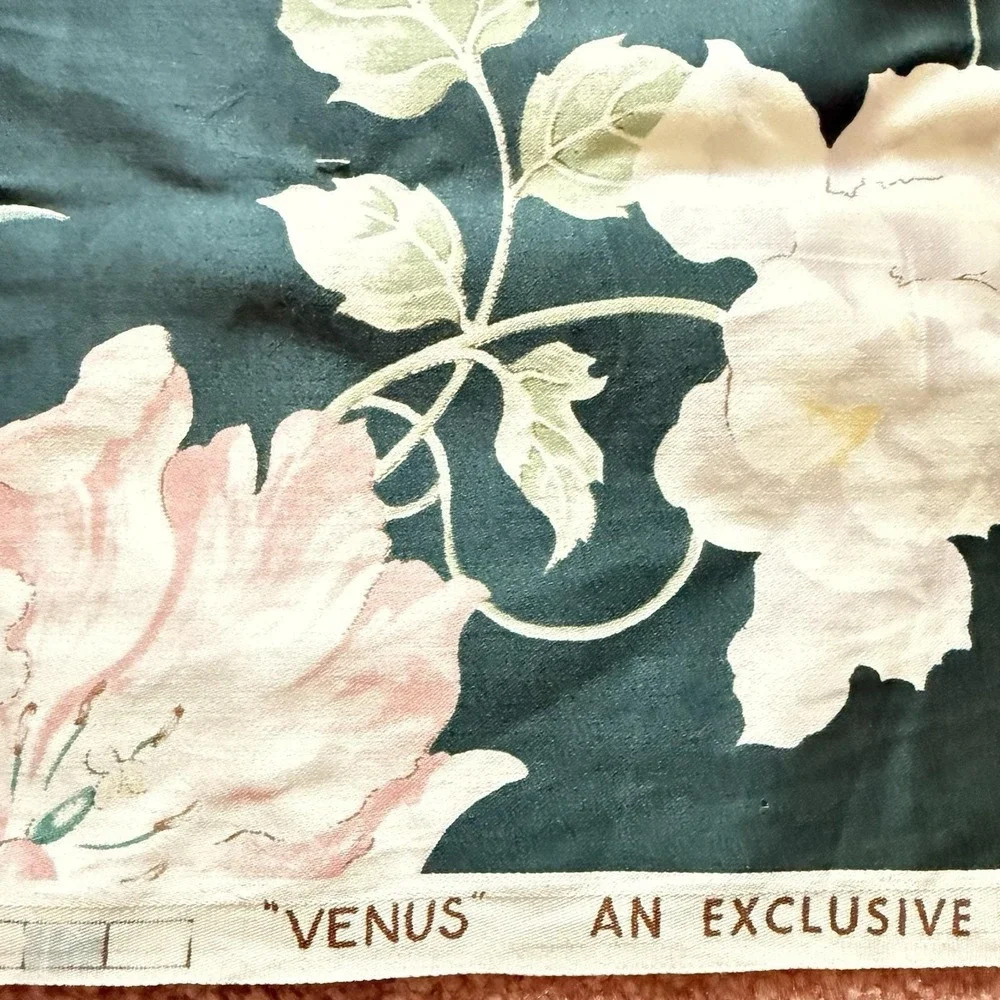 Vintage Schumacher Venus Floral Fabric Panel Pink Roses Dark Teal Cottagecore - Picture 4 of 14